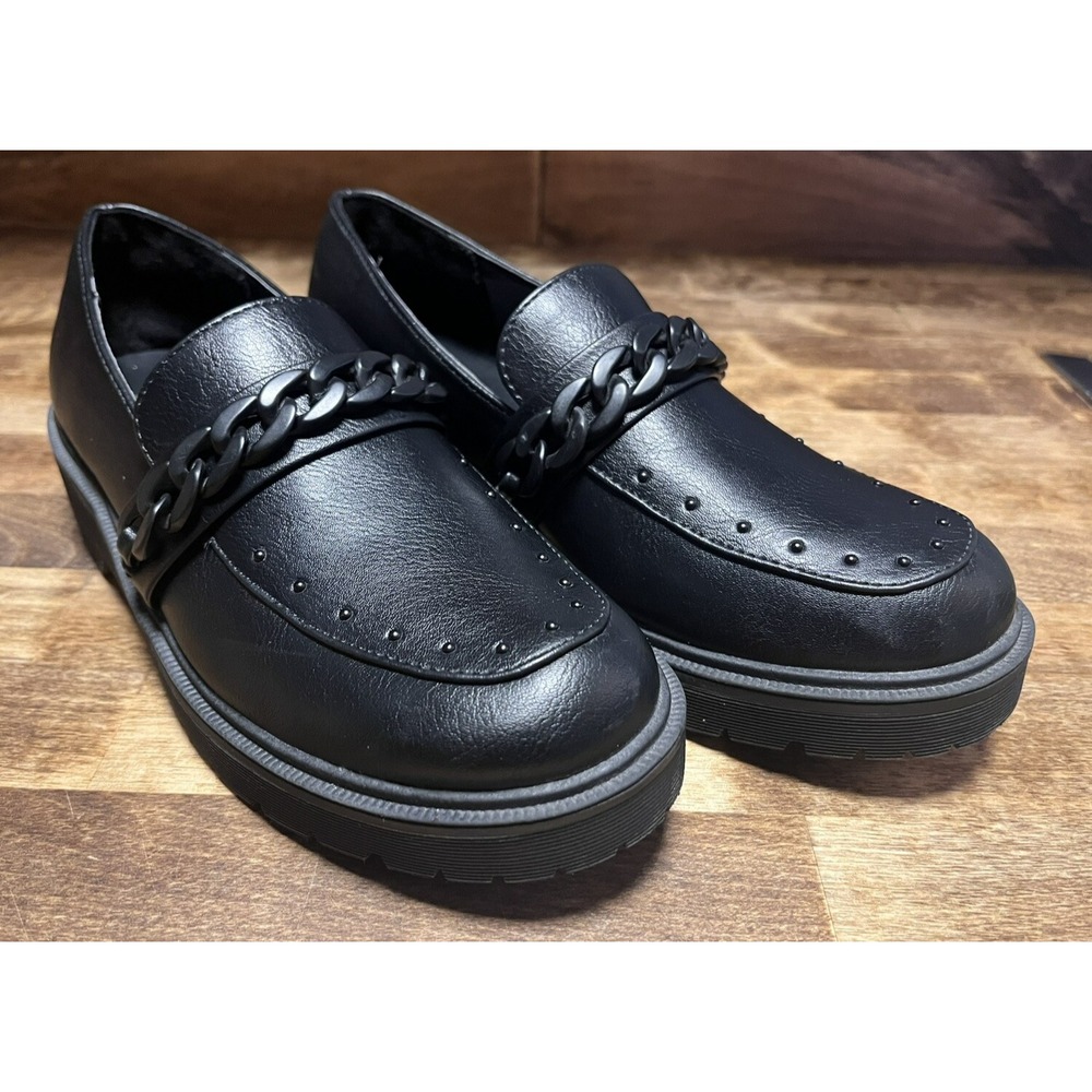 Report Hayden Chain Link Platform Loafers Black Lug Sole Studded Womens Size 7.5